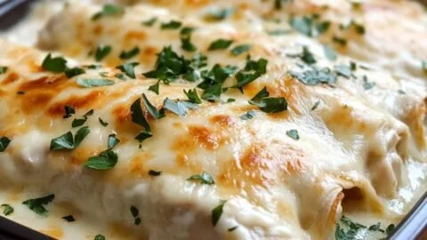Delicious creamy white chicken enchiladas garnished with cilantro and cheese