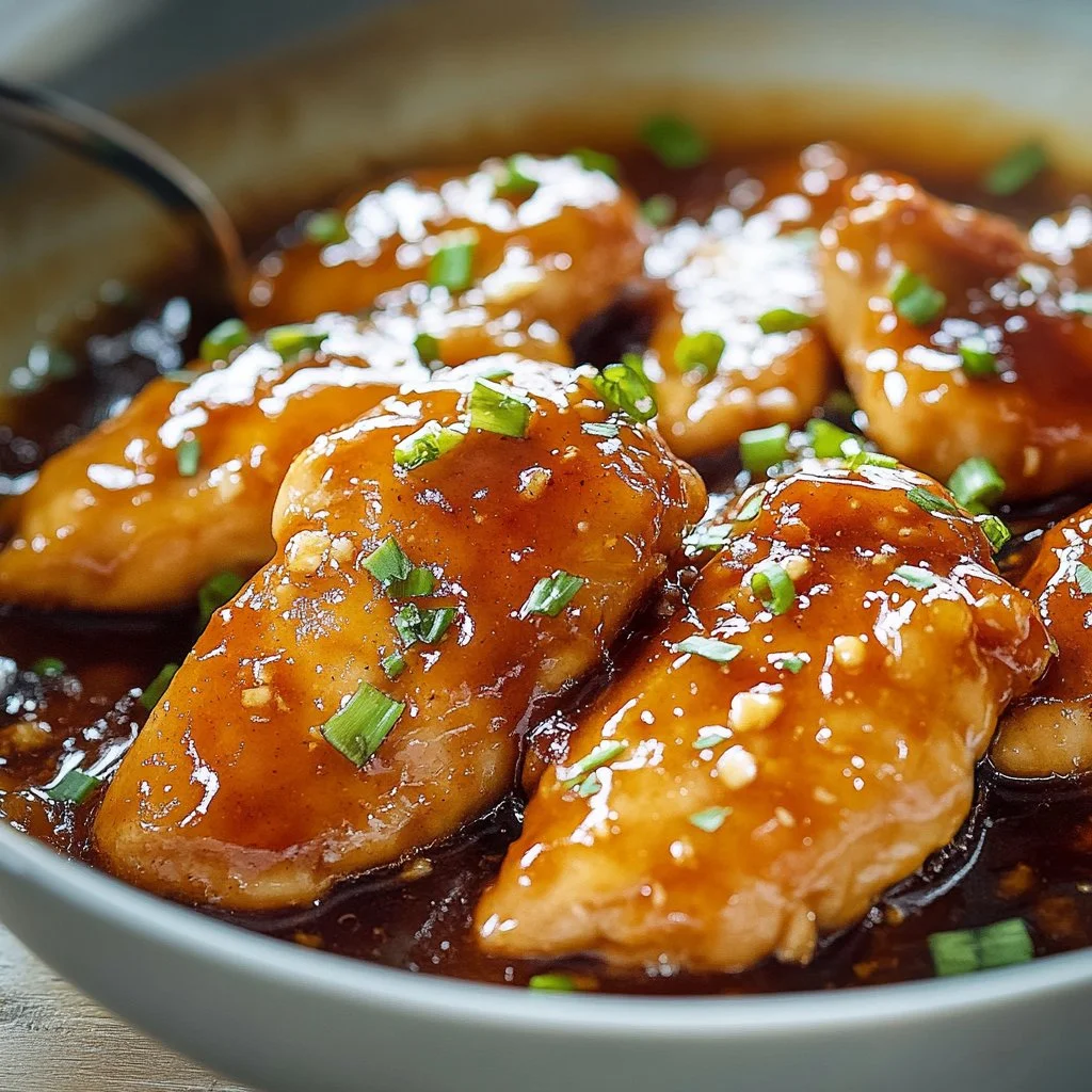 Plate of Honey Garlic Chicken garnished with green onions
