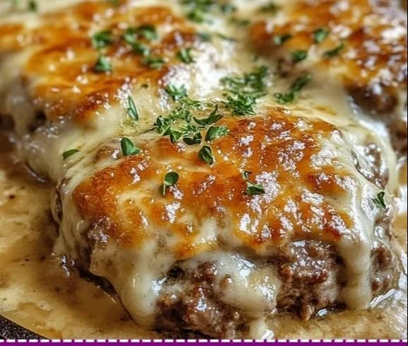 Amish Hamburger Steak Bake served with vegetables and gravy
