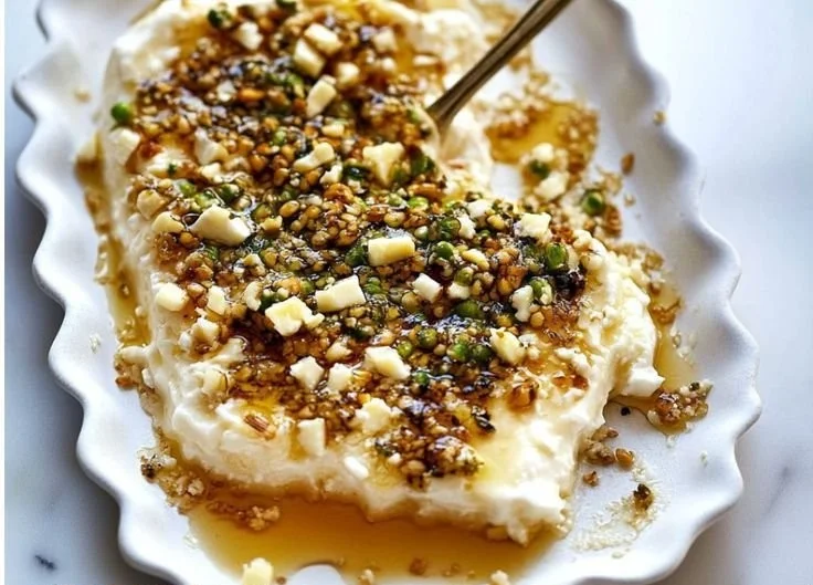 Boursin appetizer topped with pistachios and honey on a serving platter.