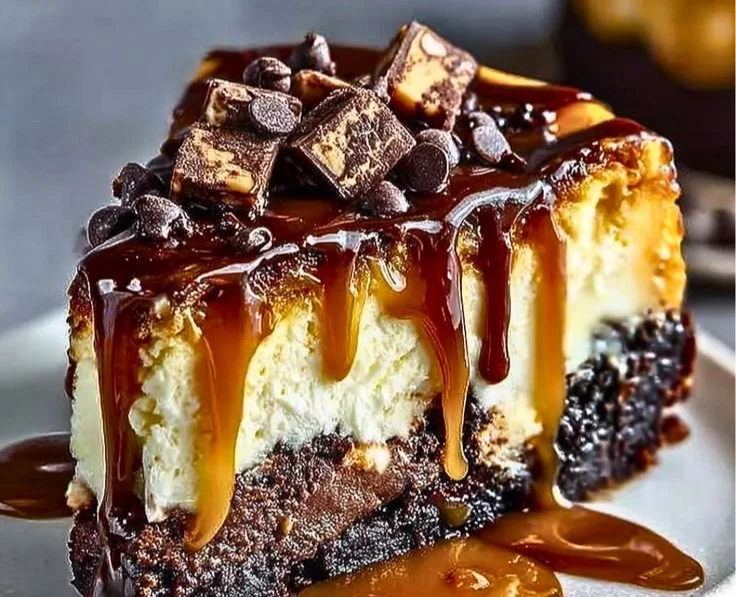 Decadent caramel brownie cheesecake topped with chocolate and caramel drizzles.