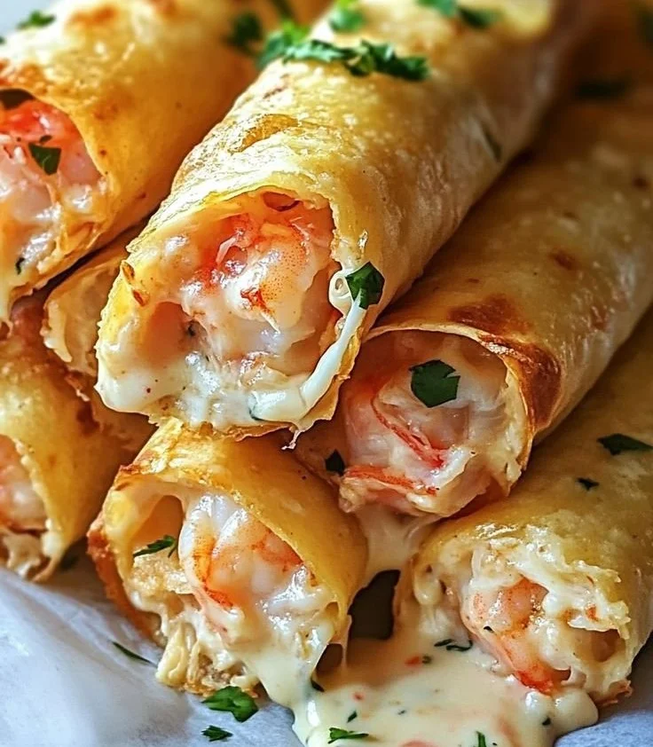 Cheesy crab and shrimp taquitos served with dipping sauce.