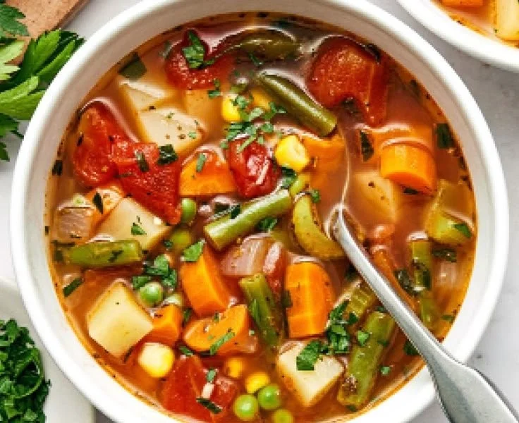 Bowl of easy vegetable soup with colorful vegetables and herbs