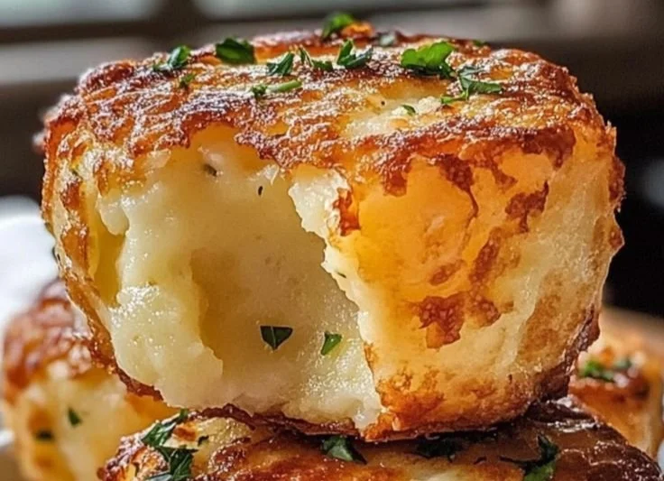 Deliciously golden Mashed Potato Cheese Puffs served on a plate.