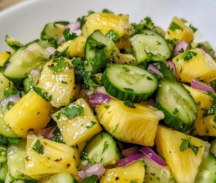 Delicious and refreshing pineapple cucumber salad served in a bowl