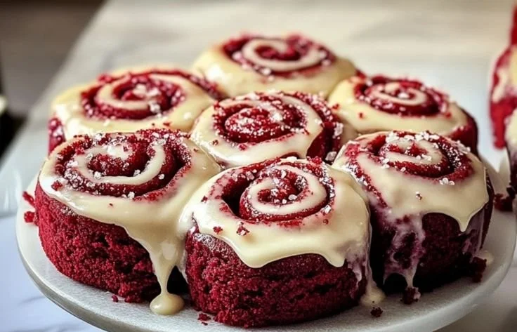Delicious Red Velvet Cinnamon Rolls topped with cream cheese frosting