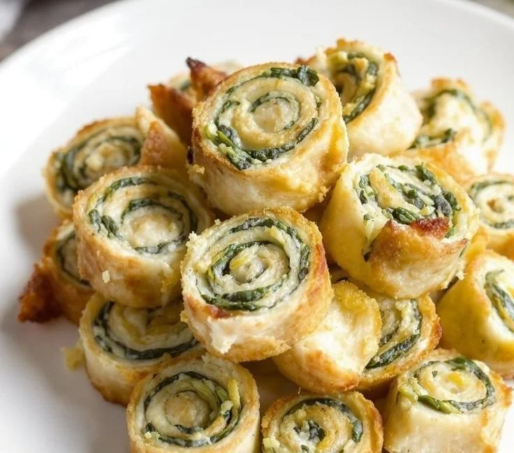 Bite-sized pinwheels filled with creamy spinach dip on a plate.