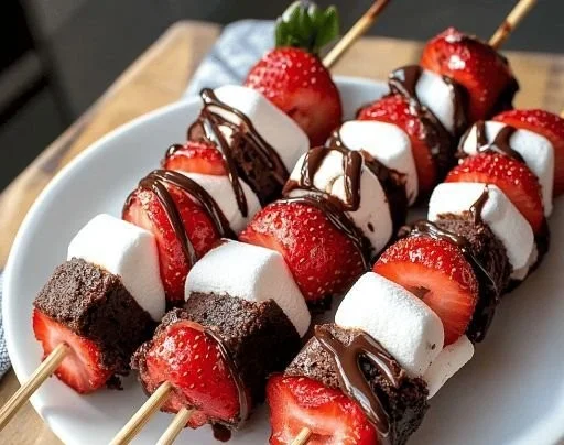 Colorful Strawberry Brownie Kabobs arranged on a platter.